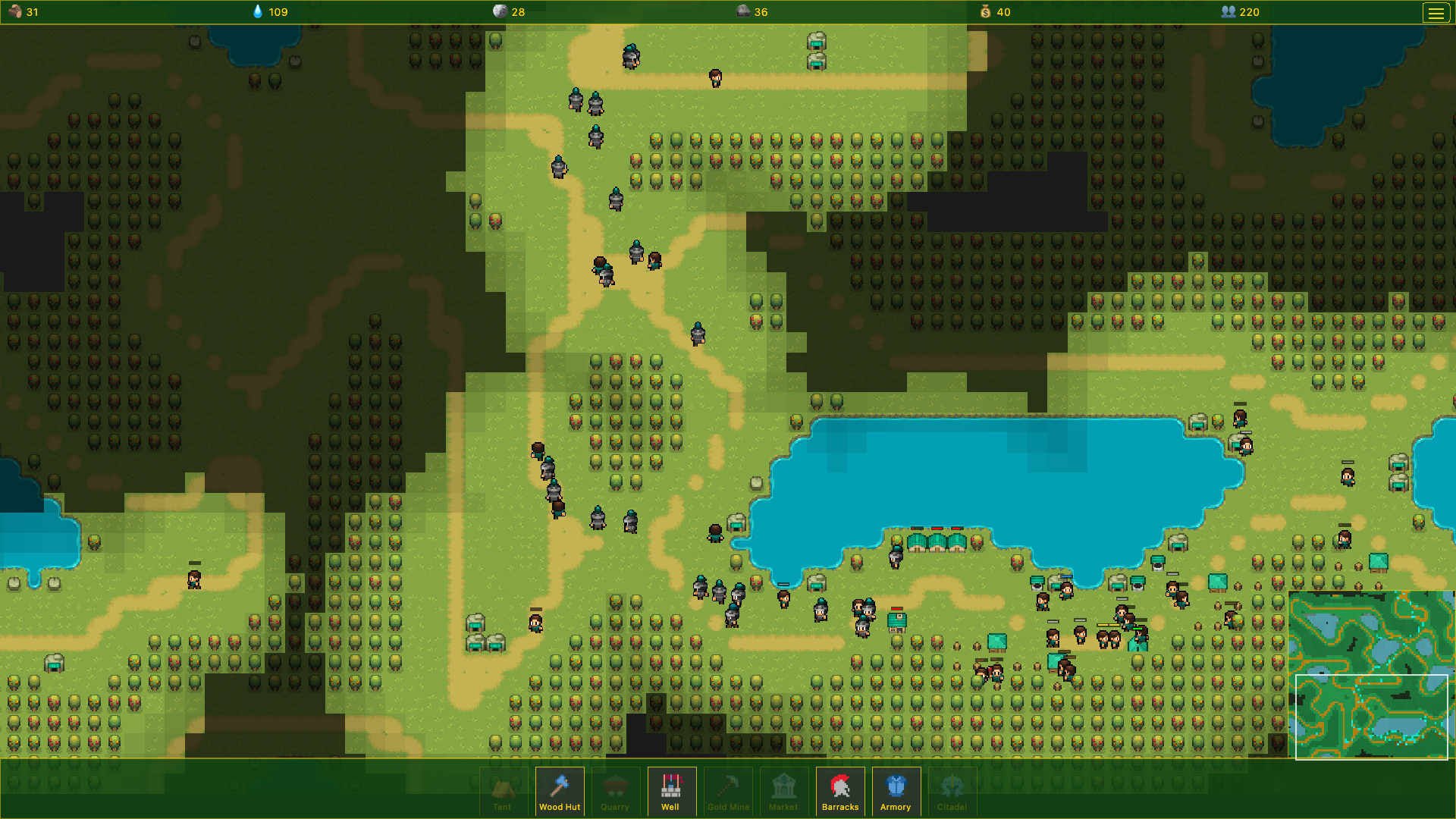 Huge procedurally generated map exploration with large bases and resource management